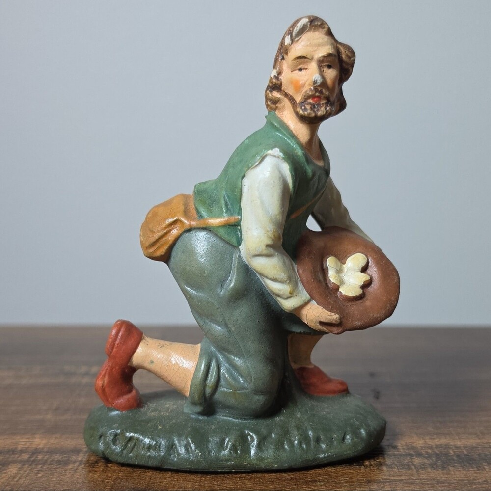 Vintage Germany Hard Composite Nativity Figurine | 4" Farmer/Peasant Man w/Eggs